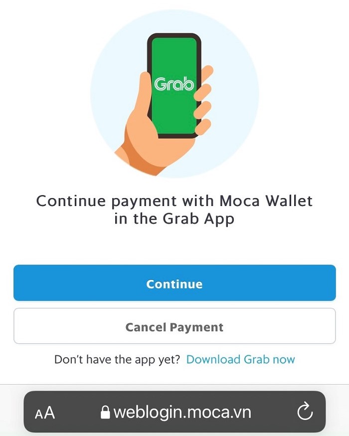 Cổng Onepay điều hướng sang ứng dụng Grab để tiến hành thanhh toán