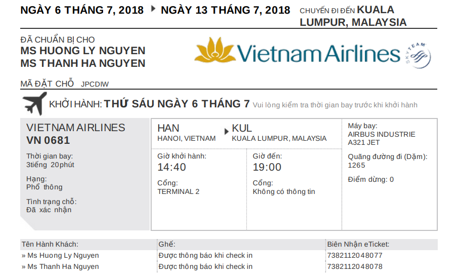 Mẫu vé máy bay đi quốc tế bản điện tử của Vietnam Airlines