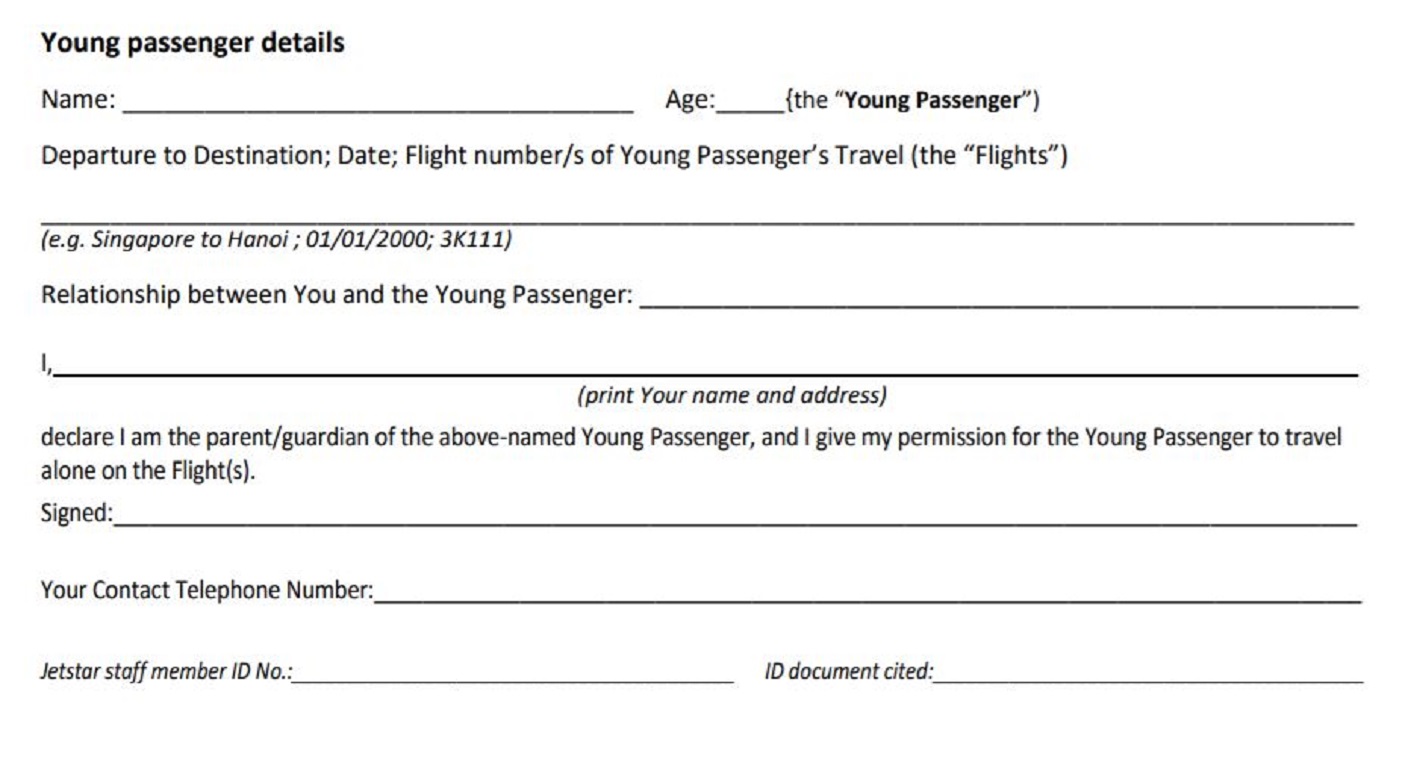 Mẫu tờ khai cho phép trẻ đi máy bay một mình (Jetstar Asia 3K declaration form)