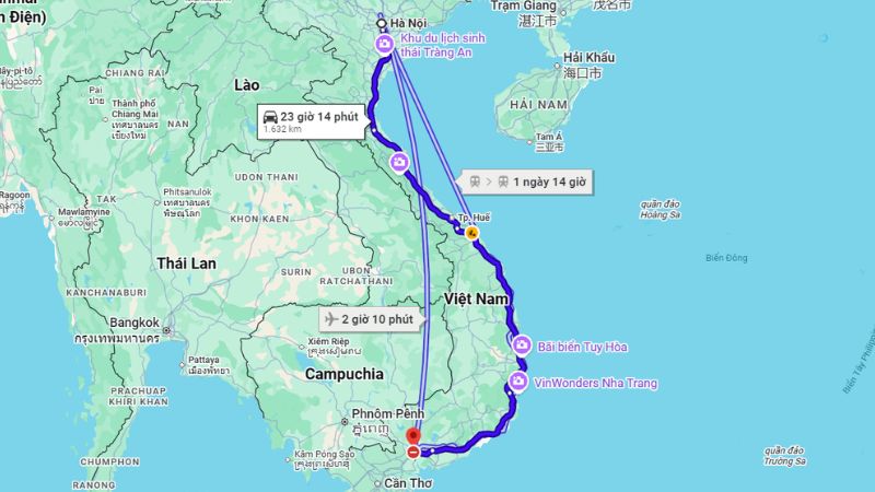 Khoảng cách từ Hà Nội đến Sài Gòn theo Google Maps