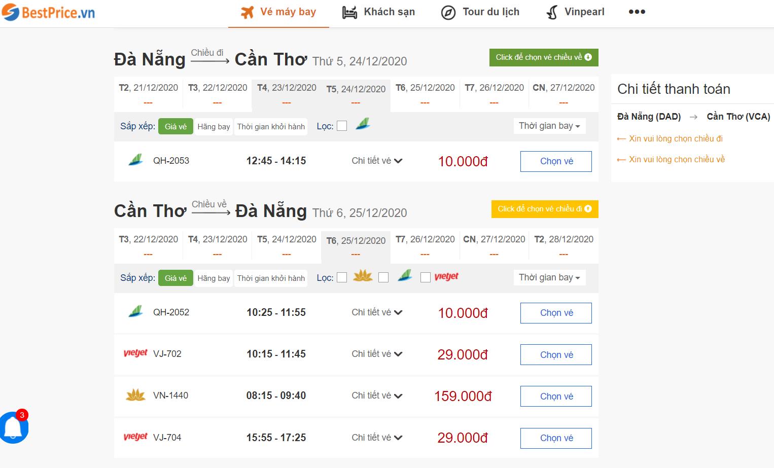 Giá vé máy bay Đà Nẵng - Cần Thơ