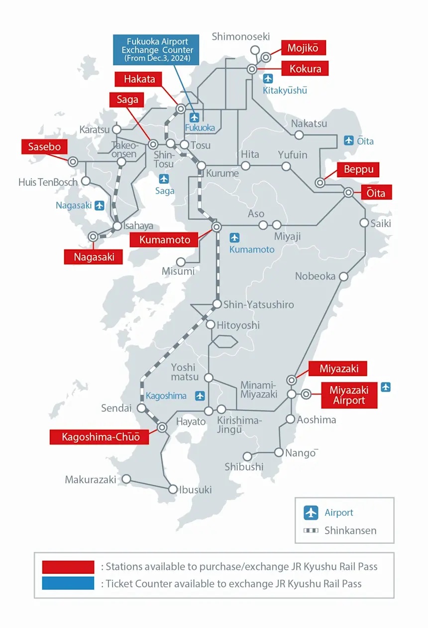 Bản đồ hệ thống t&agrave;u JR v&agrave; Shinkansen ở Kyushu