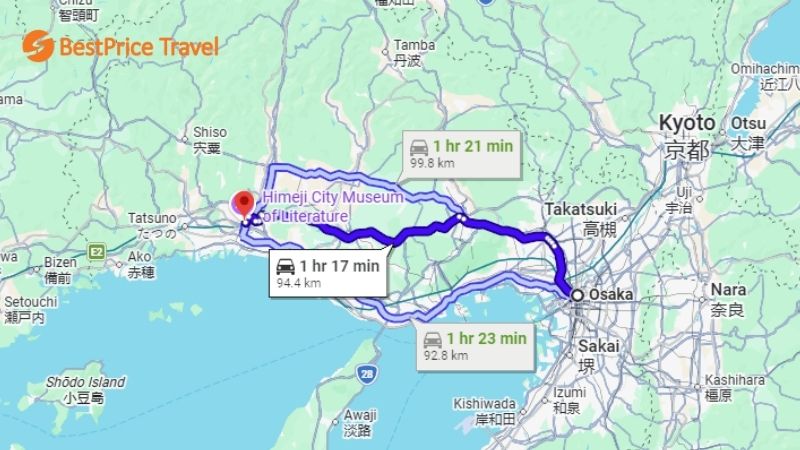 Lâu đài Himeji cách Osaka hơn 90km