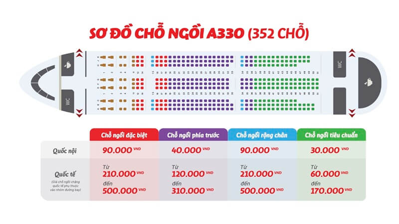 Sơ đồ ghế máy bay Airbus A330 Vietjet Air 352 chỗ (Nguồn: Vietjet Air)