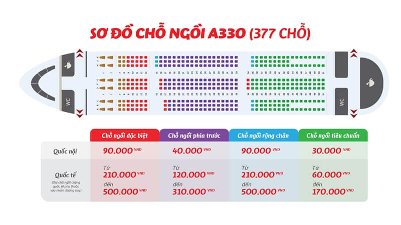 Sơ đồ ghế máy bay Airbus A330 Vietjet Air 377 chỗ (Nguồn: Vietjet Air)