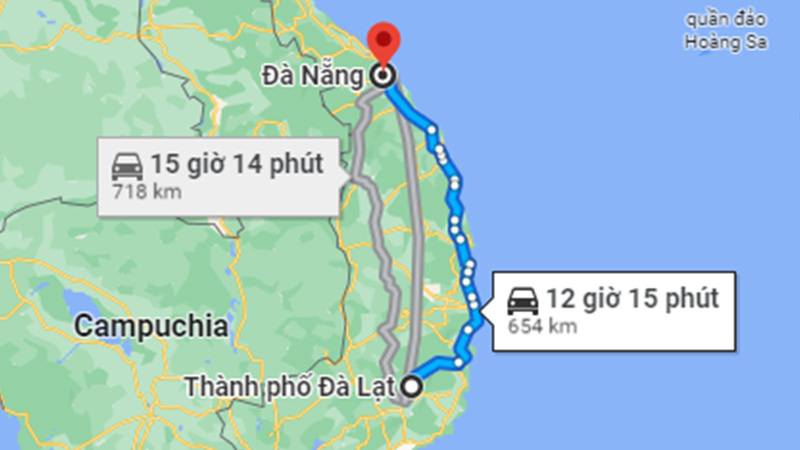 Khoảng cách từ Đà Lạt đến Đà Nẵng bằng đường bộ khoảng 654 km