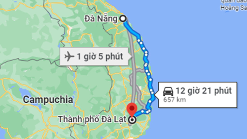 Khoảng cách từ Đà Nẵng đến Đà Lạt bằng đường bộ khoảng 657 km