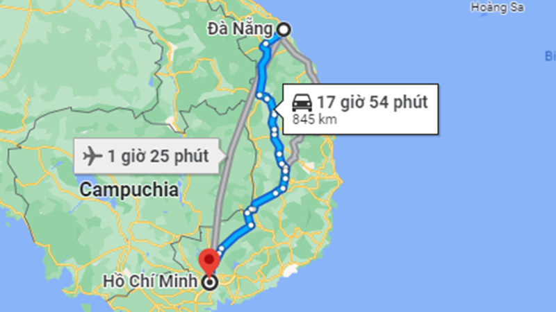 Khoảng cách từ Đà Nẵng đi Sài Gòn bằng đường bộ khoảng 845 km nếu đi qua QL14