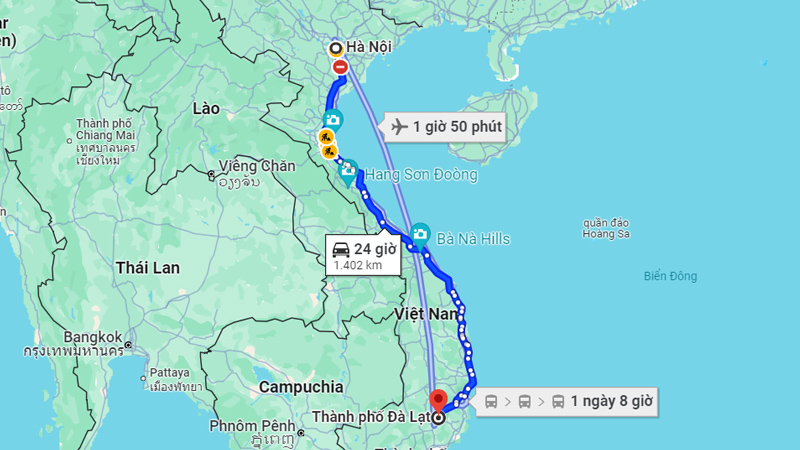 Khoảng cách từ Hà Nội đến Đà Lạt bằng đường bộ khoảng 1.411 km