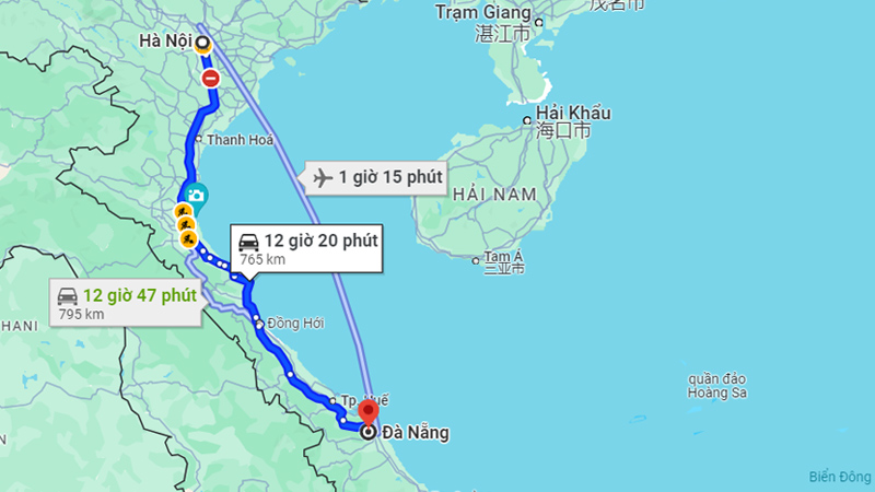 Di chuyển bằng đường bộ từ Hà Nội đến Đà Nẵng có khoảng cách là 763 km nếu đi qua đường QL1A