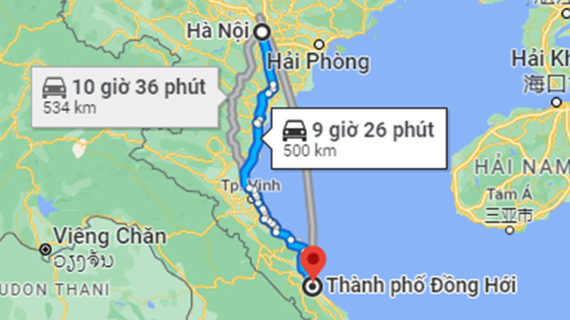 Khoảng cách từ Hà Nội đến Đồng Hới bằng đường bộ khoảng 500 km