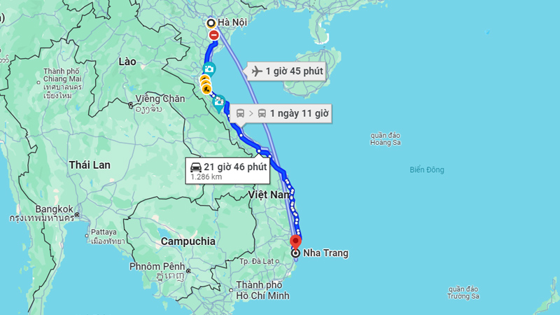 Khoảng cách từ Hà Nội đến Nha Trang bằng đường bộ khoảng 1.283km