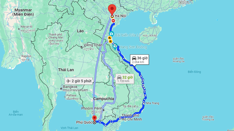 Khoảng cách từ Hà Nội đến Phú Quốc là 1.621km