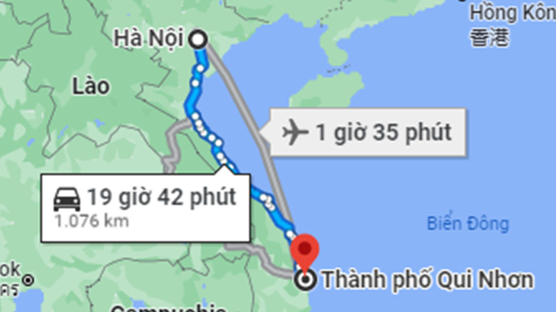 Khoảng cách từ Hà Nội đi Quy Nhơn bằng đường bộ khoảng 1.076 km