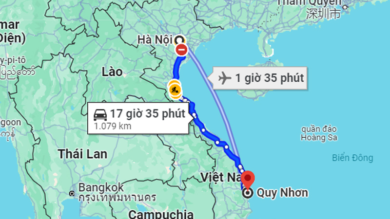 Khoảng cách từ Hà Nội đi Quy Nhơn bằng đường bộ khoảng 1.076 km