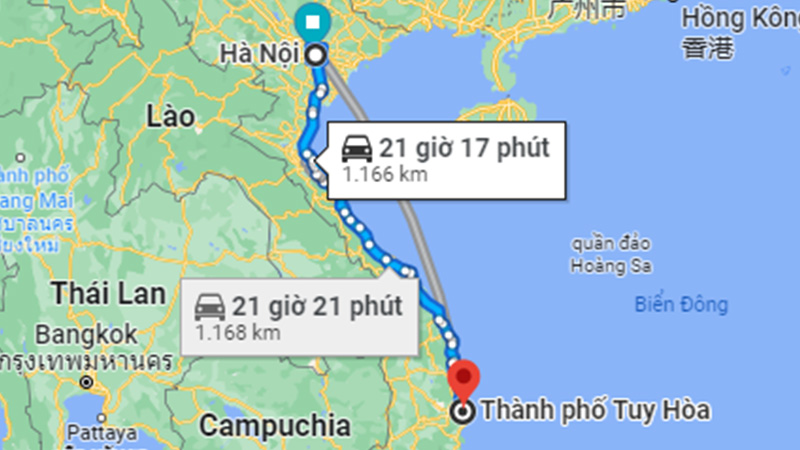 Khoảng cách từ Hà Nội đến Tuy Hòa bằng đường bộ