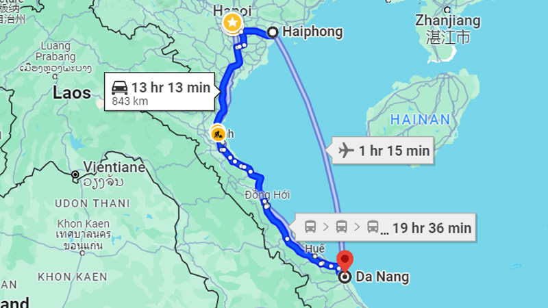 Khoảng cách từ Hải Phòng đến Đà Nẵng bằng đường bộ khoảng 837 km