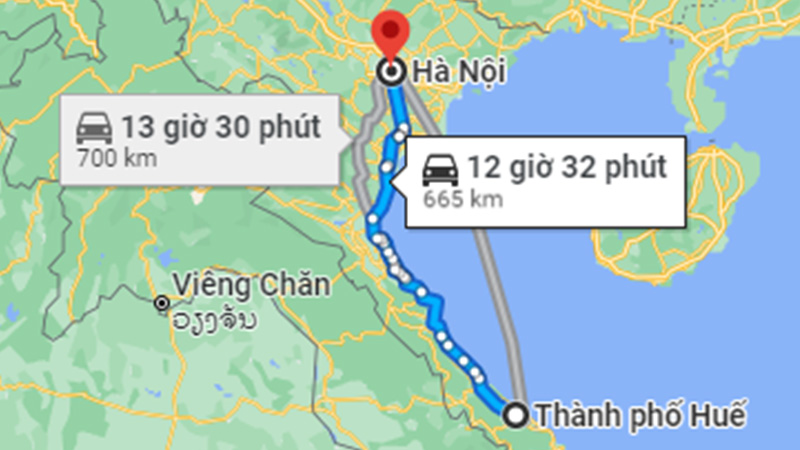 Khoảng cách từ Huế đến Hà Nội bằng đường bộ khoảng 665 km