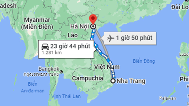 Khoảng cách từ Nha Trang đến Hà Nội bằng đường bộ khoảng 1.281km