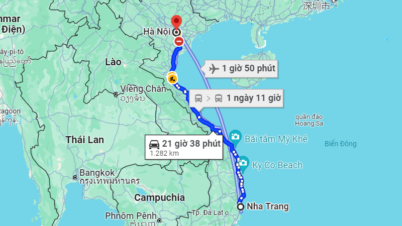 Khoảng cách từ Nha Trang đến Hà Nội bằng đường bộ khoảng 1.281km