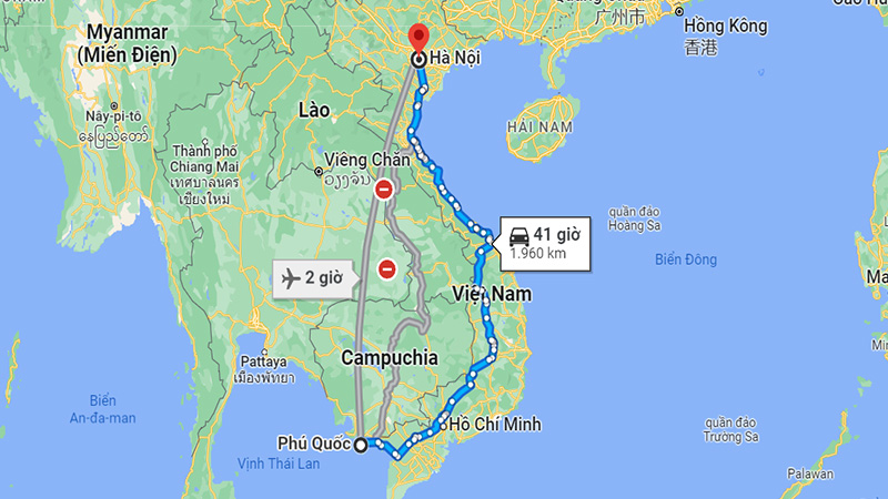 Khoảng cách từ Phú Quốc đến Hà Nội bằng đường bộ
