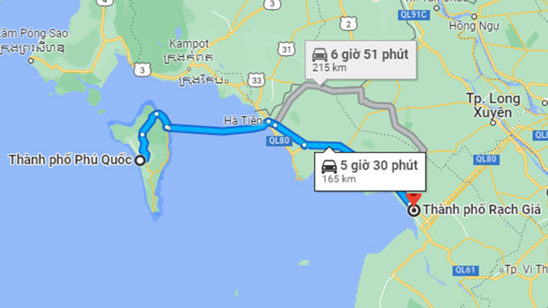 Khoảng cách từ Phú Quốc đến Rạch Giá bằng đường bộ khoảng 165 km