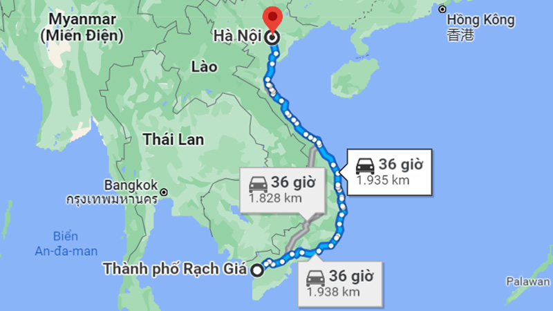 Khoảng cách từ Rạch Giá đến Hà Nội