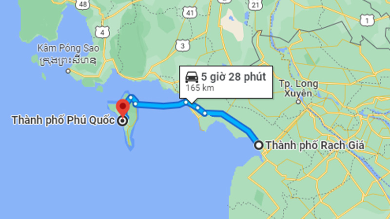 Khoảng cách từ Rạch Giá đến Phú Quốc là 165km
