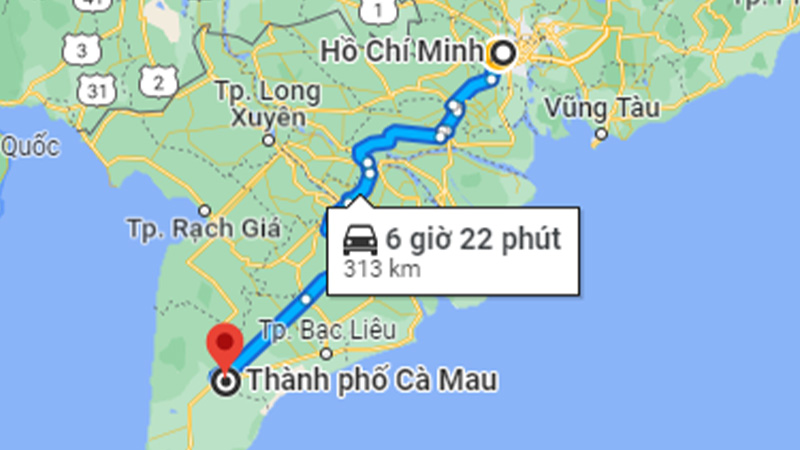 Khoảng cách từ Hồ Chí Minh đi Cà Mau bằng đường bộ khoảng 313 km
