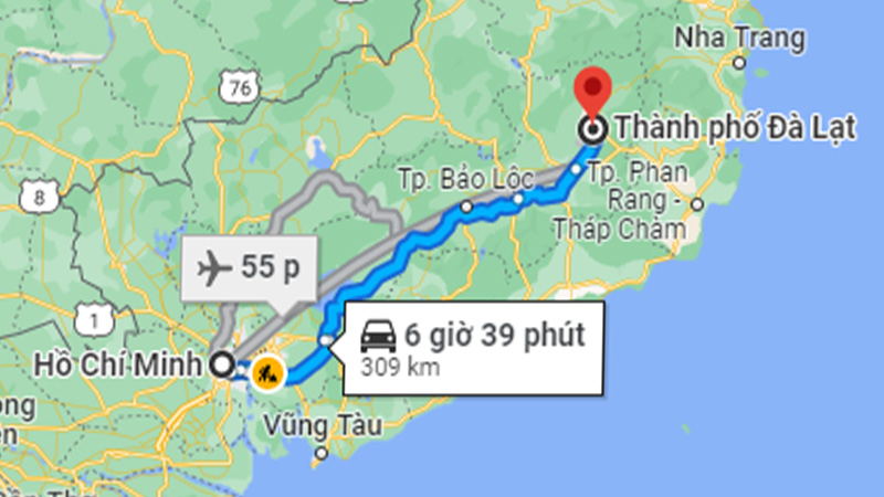 Khoảng cách từ Sài Gòn đến Đà Lạt bằng đường bộ khoảng 309km