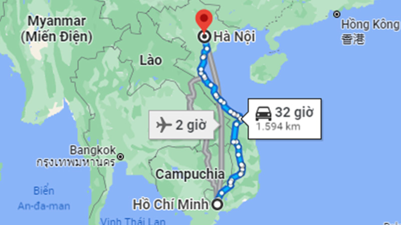 Khoảng cơ hội kể từ TP Sài Gòn cút Thành Phố Hà Nội vì thế đường đi bộ khoảng tầm 1.594km