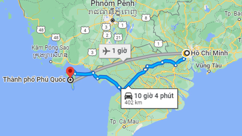 Khoảng cách Sài Gòn Phú Quốc theo đường bộ là khoảng 402km