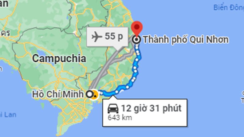 Khoảng cách từ Sài Gòn đến Quy Nhơn bằng đường bộ khoảng 643 km