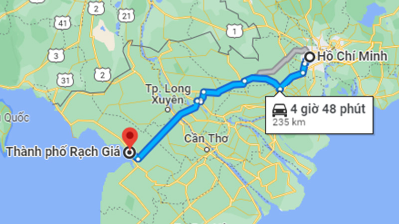 Khoảng cách từ Sài Gòn đi Rạch Giá bằng đường bộ khoảng 235 km