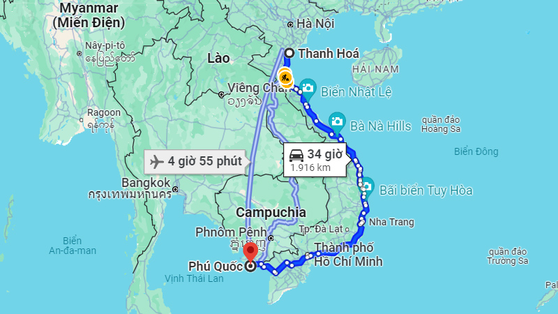 Khoảng cách từ Thanh Hóa đến Phú Quốc theo đường bộ