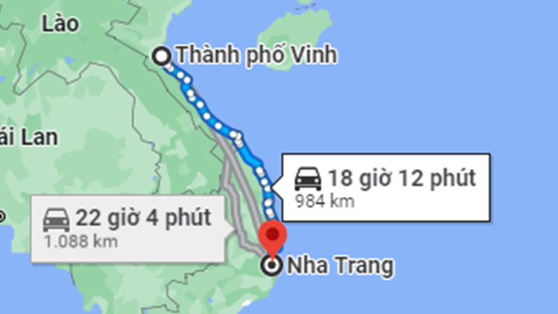 Khoảng cách từ Vinh đến Nha Trang bằng đường bộ khoảng 984 km