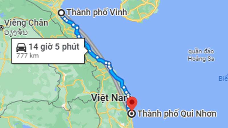 Khoảng cách từ Vinh đến Quy Nhơn bằng đường bộ