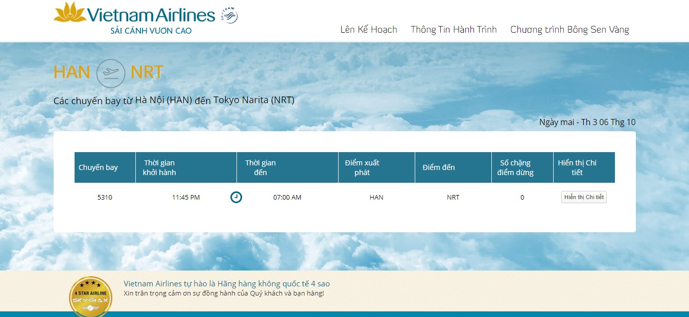 Kết quả tra cứu chuyến bay quốc tế Vietnam Airlines