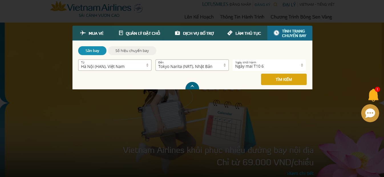 Điền thông tin chuyến bay quốc tế hãng Vietnam Airlines để tra cứu