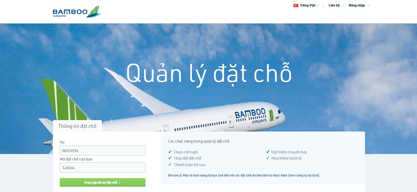 Điền thông tin để kiểm tra chuyến bay quốc tế Bamboo Airways