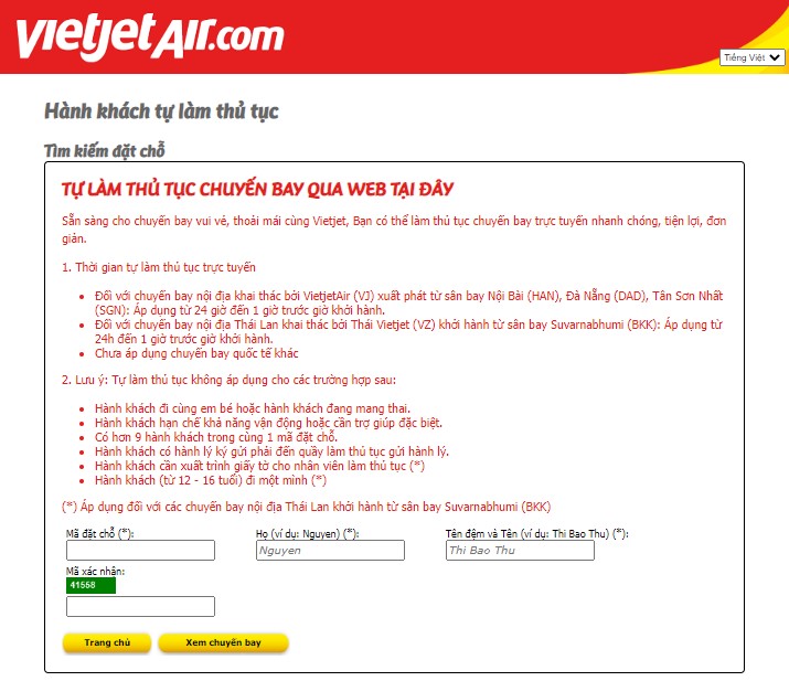 Check in online bên trên trang web thương hiệu Vietjet Air