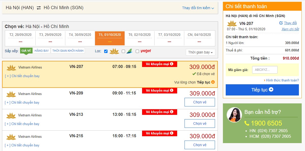 Thông tin các chuyến bay của Vietnam Airlines trên hệ thống của BestPrice