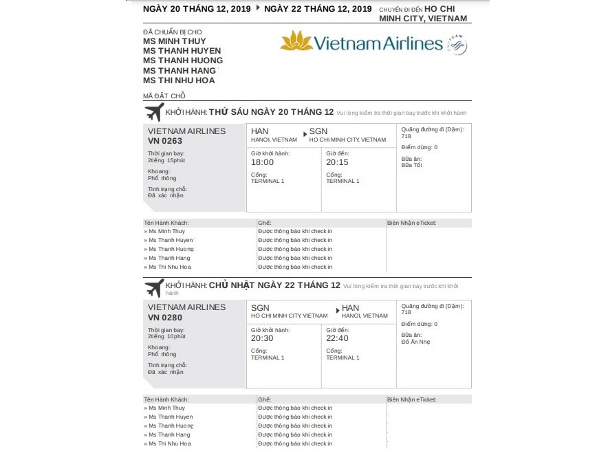 Mẫu vé máy bay điện tử hãng Vietnam Airlines