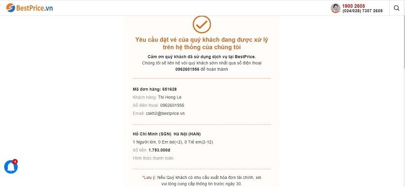 Thông báo gửi yêu cầu đặt vé thành công tại BestPrice