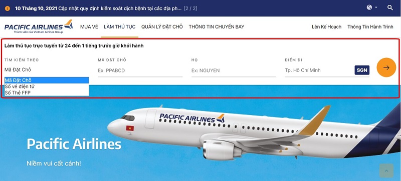 Check in online vé máy bay điện tử Pacific Airlines