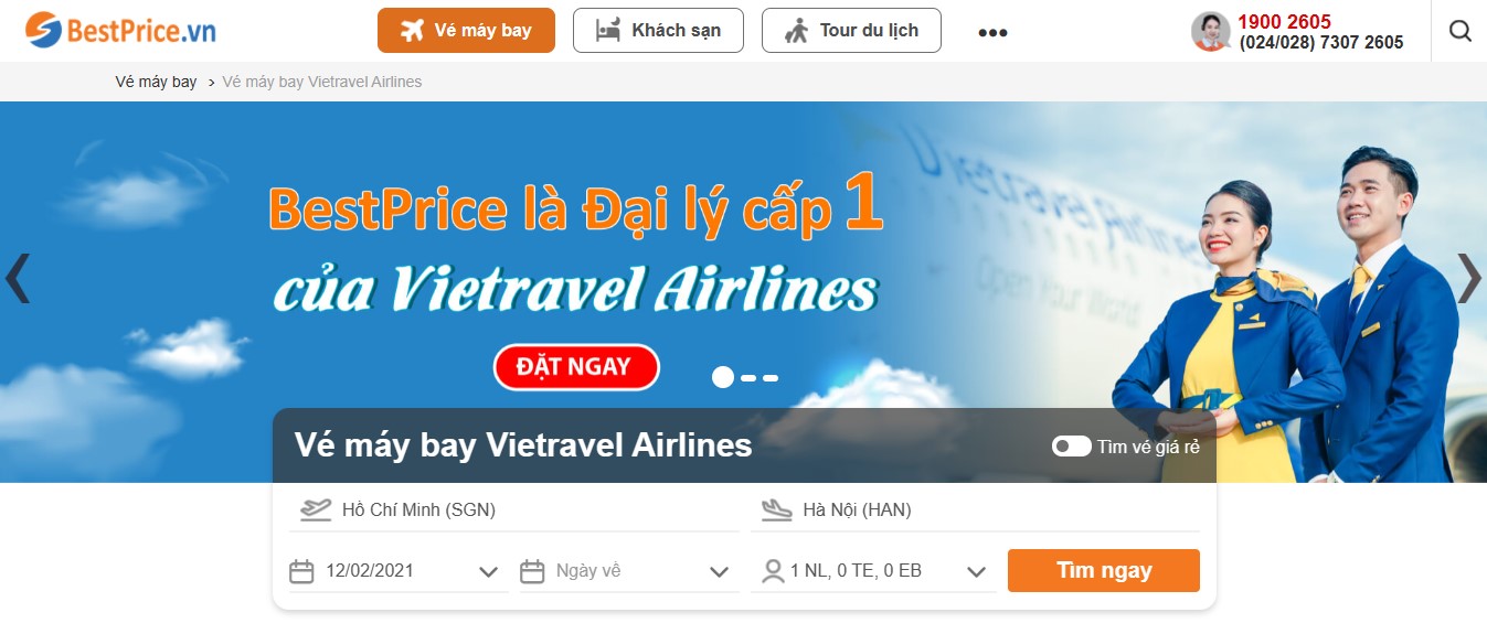 Trang đặt vé máy bay Vietravel Airlines trên website BestPrice.vn