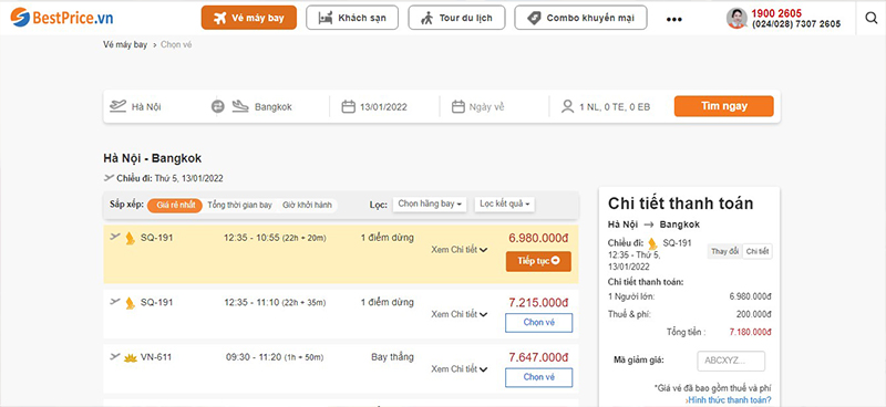 Công cụ tìm kiếm và so sánh giá vé tại BestPrice.vn