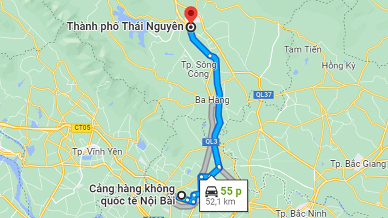 Khoảng cách từ sân bay Nội Bài đến Thái Nguyên