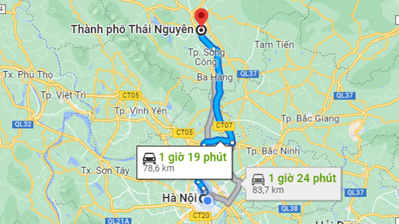Khoảng cách từ trung tâm Hà Nội đến Thái Nguyên