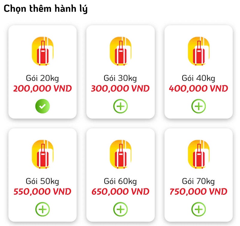 Xem giá hành lý ký gửi Vietjet mua thêm theo gói